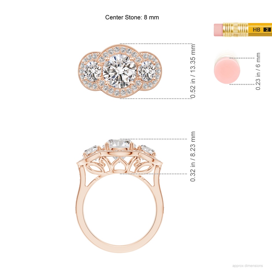 8mm IJI1I2 Aeon Vintage Inspired Diamond Halo Three Stone Engagement Ring with Milgrain in Rose Gold ruler