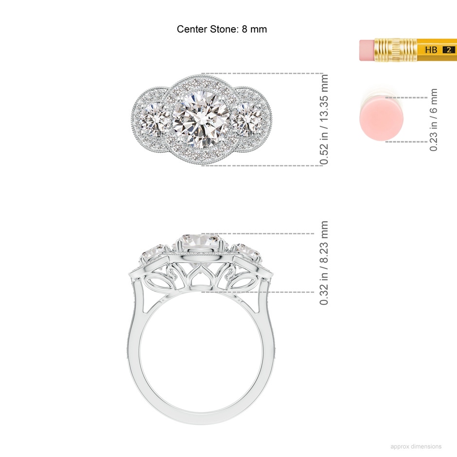 8mm IJI1I2 Aeon Vintage Inspired Diamond Halo Three Stone Engagement Ring with Milgrain in White Gold ruler