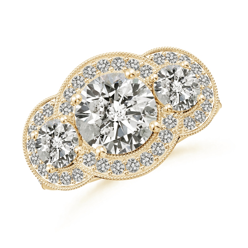 8mm KI3 Aeon Vintage Inspired Diamond Halo Three Stone Engagement Ring with Milgrain in Yellow Gold 