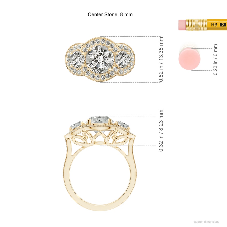 8mm KI3 Aeon Vintage Inspired Diamond Halo Three Stone Engagement Ring with Milgrain in Yellow Gold ruler