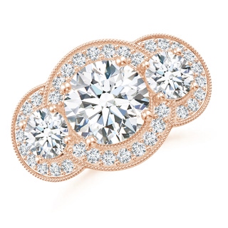 9.2mm GVS2 Aeon Vintage Inspired Diamond Halo Three Stone Engagement Ring with Milgrain in 10K Rose Gold