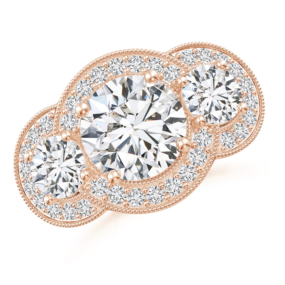 9.2mm HSI2 Aeon Vintage Inspired Diamond Halo Three Stone Engagement Ring with Milgrain in 18K Rose Gold 