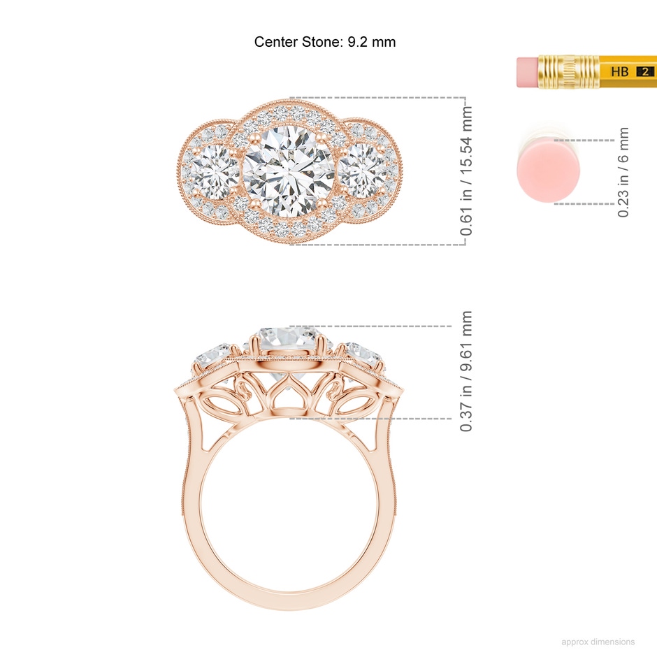 9.2mm HSI2 Aeon Vintage Inspired Diamond Halo Three Stone Engagement Ring with Milgrain in 18K Rose Gold ruler