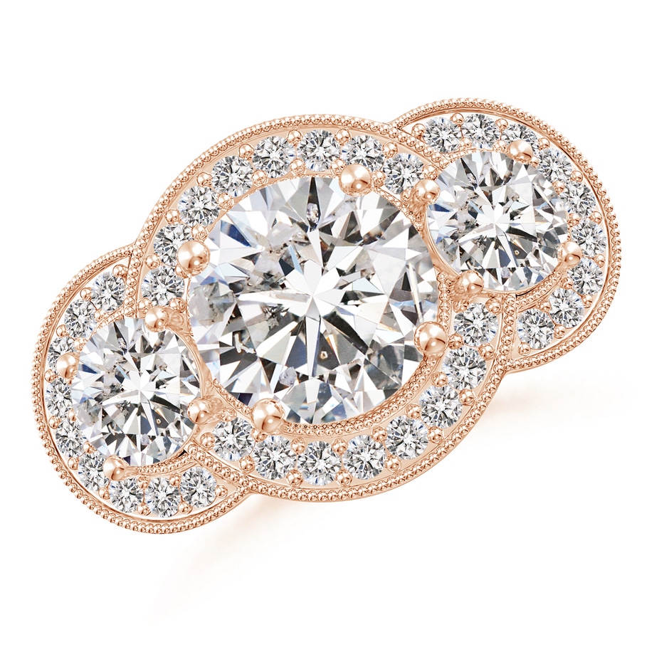 9.2mm IJI1I2 Aeon Vintage Inspired Diamond Halo Three Stone Engagement Ring with Milgrain in Rose Gold 