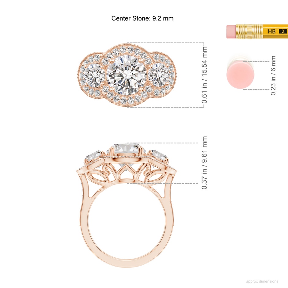 9.2mm IJI1I2 Aeon Vintage Inspired Diamond Halo Three Stone Engagement Ring with Milgrain in Rose Gold ruler