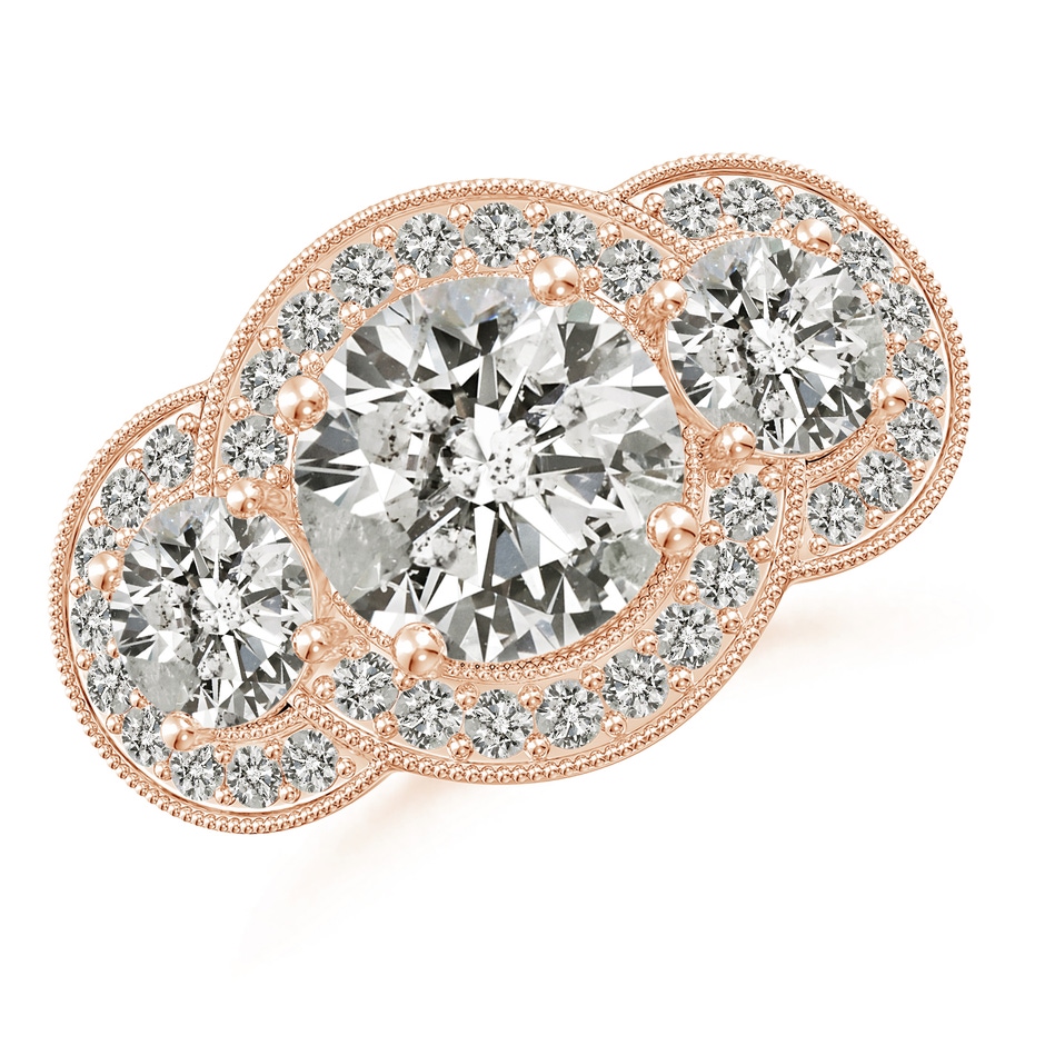 9.2mm KI3 Aeon Vintage Inspired Diamond Halo Three Stone Engagement Ring with Milgrain in Rose Gold 