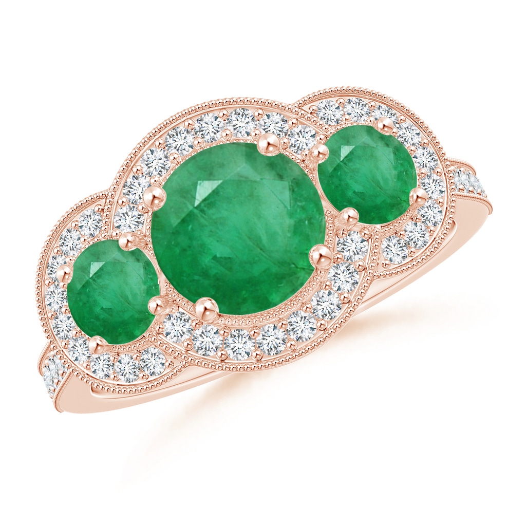 7mm A Aeon Vintage Inspired Emerald Halo Three Stone Engagement Ring with Milgrain in 18K Rose Gold