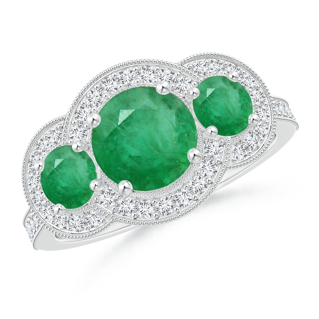 7mm A Aeon Vintage Inspired Emerald Halo Three Stone Engagement Ring with Milgrain in 18K White Gold