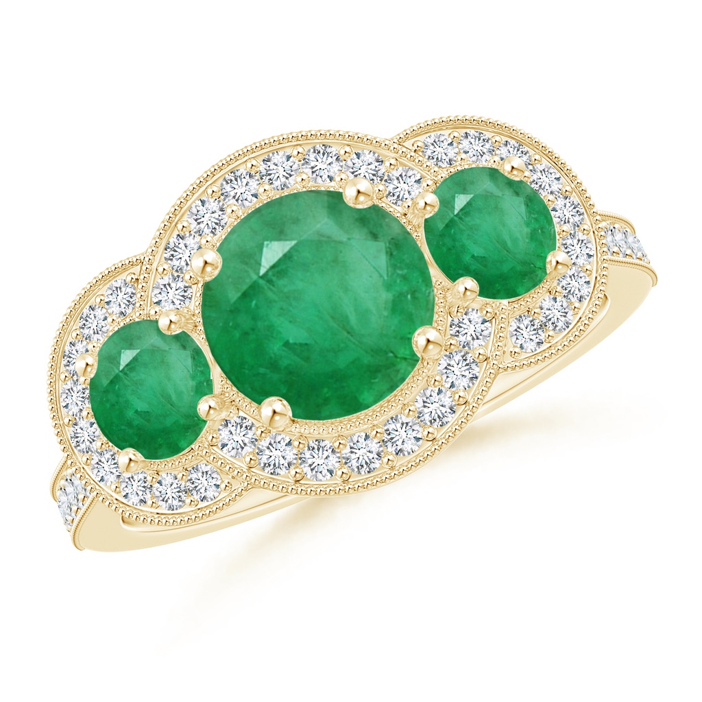 7mm A Aeon Vintage Inspired Emerald Halo Three Stone Engagement Ring with Milgrain in 18K Yellow Gold