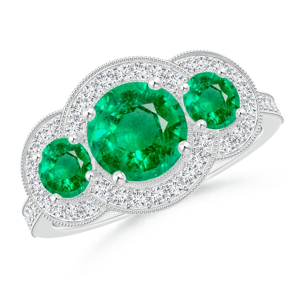 7mm AAA Aeon Vintage Inspired Emerald Halo Three Stone Engagement Ring with Milgrain in White Gold