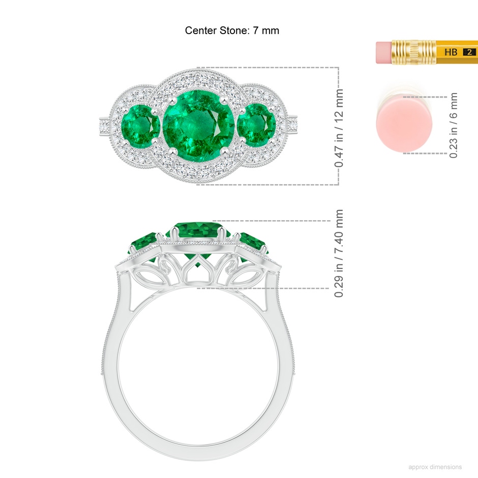 7mm AAA Aeon Vintage Inspired Emerald Halo Three Stone Engagement Ring with Milgrain in White Gold ruler