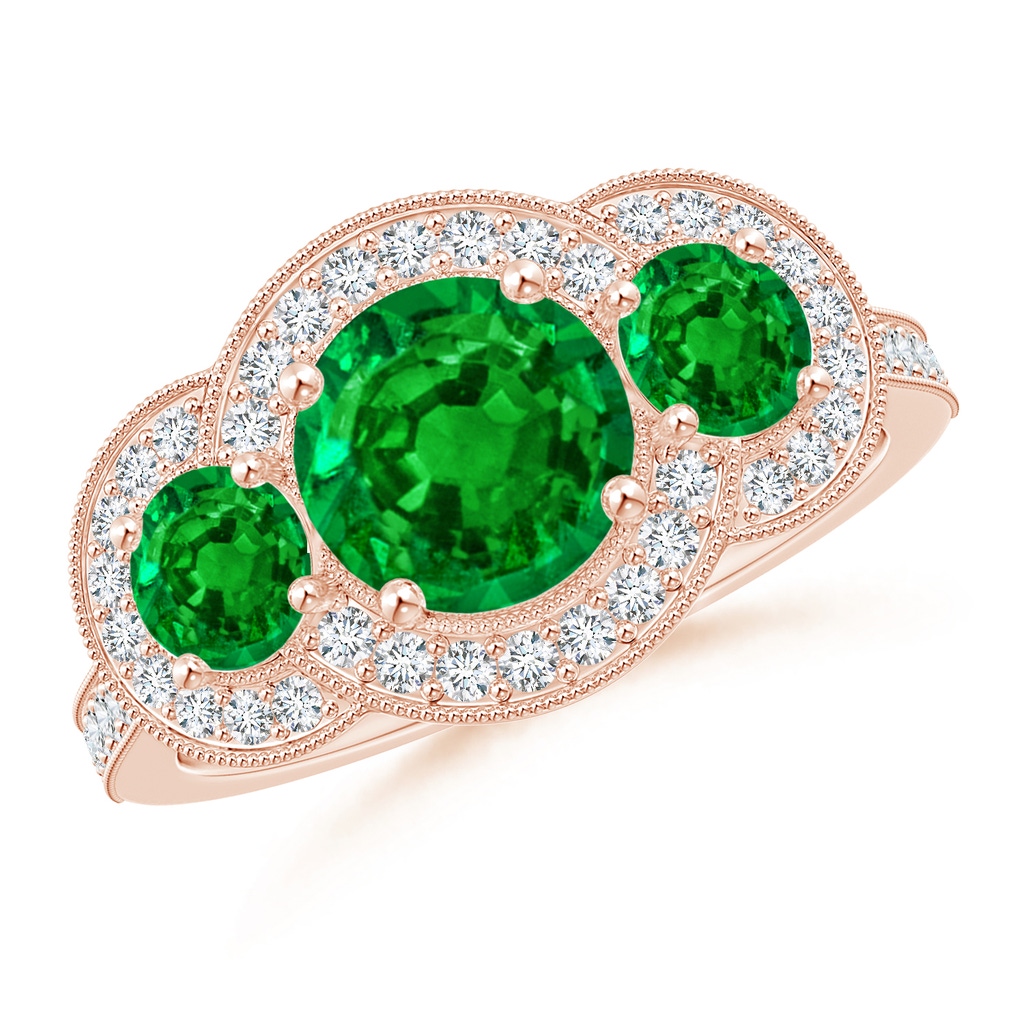 7mm AAAA Aeon Vintage Inspired Emerald Halo Three Stone Engagement Ring with Milgrain in 18K Rose Gold