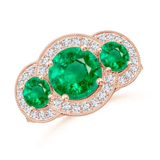 8mm AAA Aeon Vintage Inspired Emerald Halo Three Stone Engagement Ring with Milgrain in 18K Rose Gold