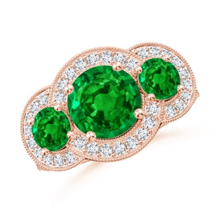 8mm AAAA Aeon Vintage Inspired Emerald Halo Three Stone Engagement Ring with Milgrain in 18K Rose Gold