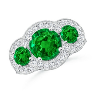 8mm AAAA Aeon Vintage Inspired Emerald Halo Three Stone Engagement Ring with Milgrain in P950 Platinum