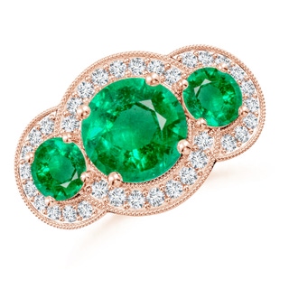 9mm AAA Aeon Vintage Inspired Emerald Halo Three Stone Engagement Ring with Milgrain in 18K Rose Gold