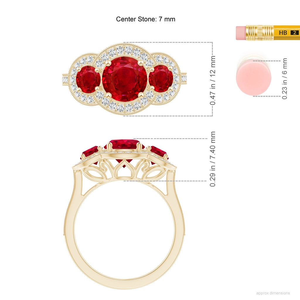 7mm AAA Aeon Vintage Inspired Ruby Halo Three Stone Engagement Ring with Milgrain in Yellow Gold ruler