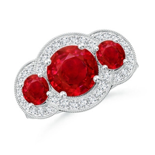 8mm AAA Aeon Vintage Inspired Ruby Halo Three Stone Engagement Ring with Milgrain in P950 Platinum