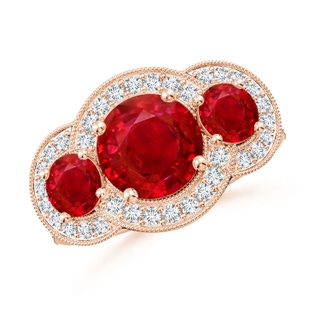 8mm AAA Aeon Vintage Inspired Ruby Halo Three Stone Engagement Ring with Milgrain in Rose Gold