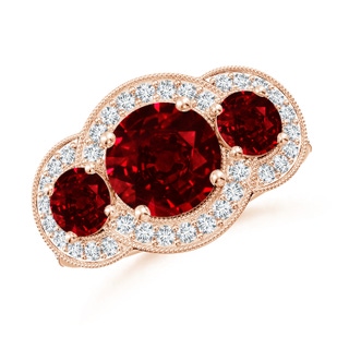 8mm AAAA Aeon Vintage Inspired Ruby Halo Three Stone Engagement Ring with Milgrain in Rose Gold