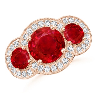 9mm AAA Aeon Vintage Inspired Ruby Halo Three Stone Engagement Ring with Milgrain in Rose Gold