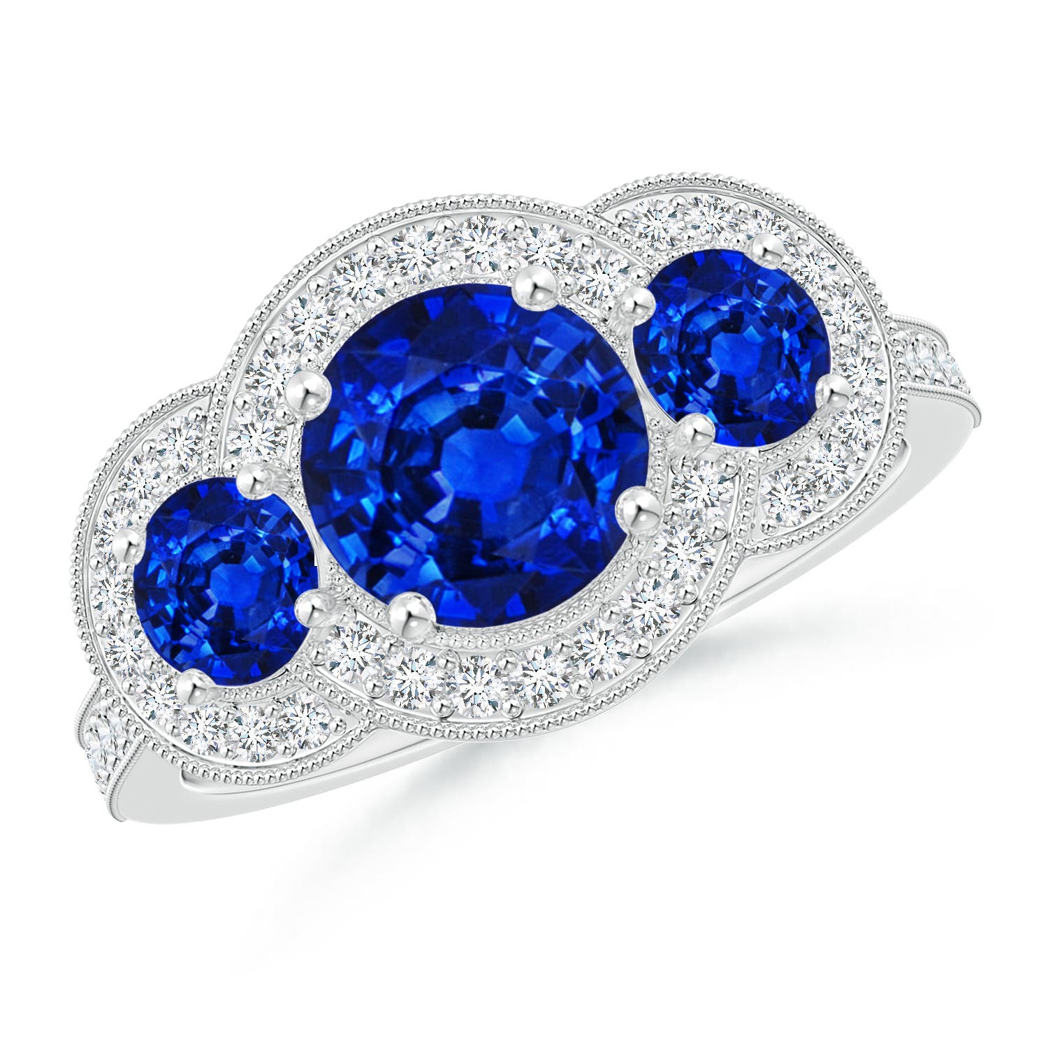 7mm AAAA Aeon Vintage Inspired Blue Sapphire Halo Three Stone Engagement Ring with Milgrain in 18K White Gold