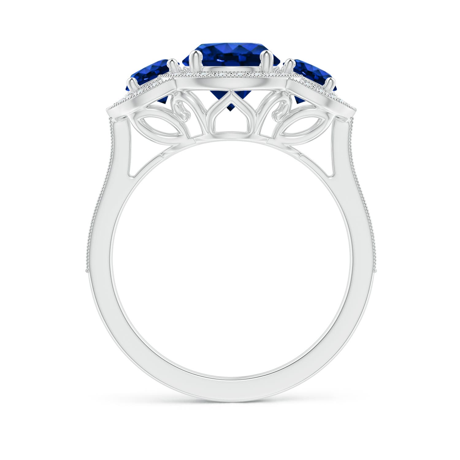 7mm AAAA Aeon Vintage Inspired Blue Sapphire Halo Three Stone Engagement Ring with Milgrain in 18K White Gold