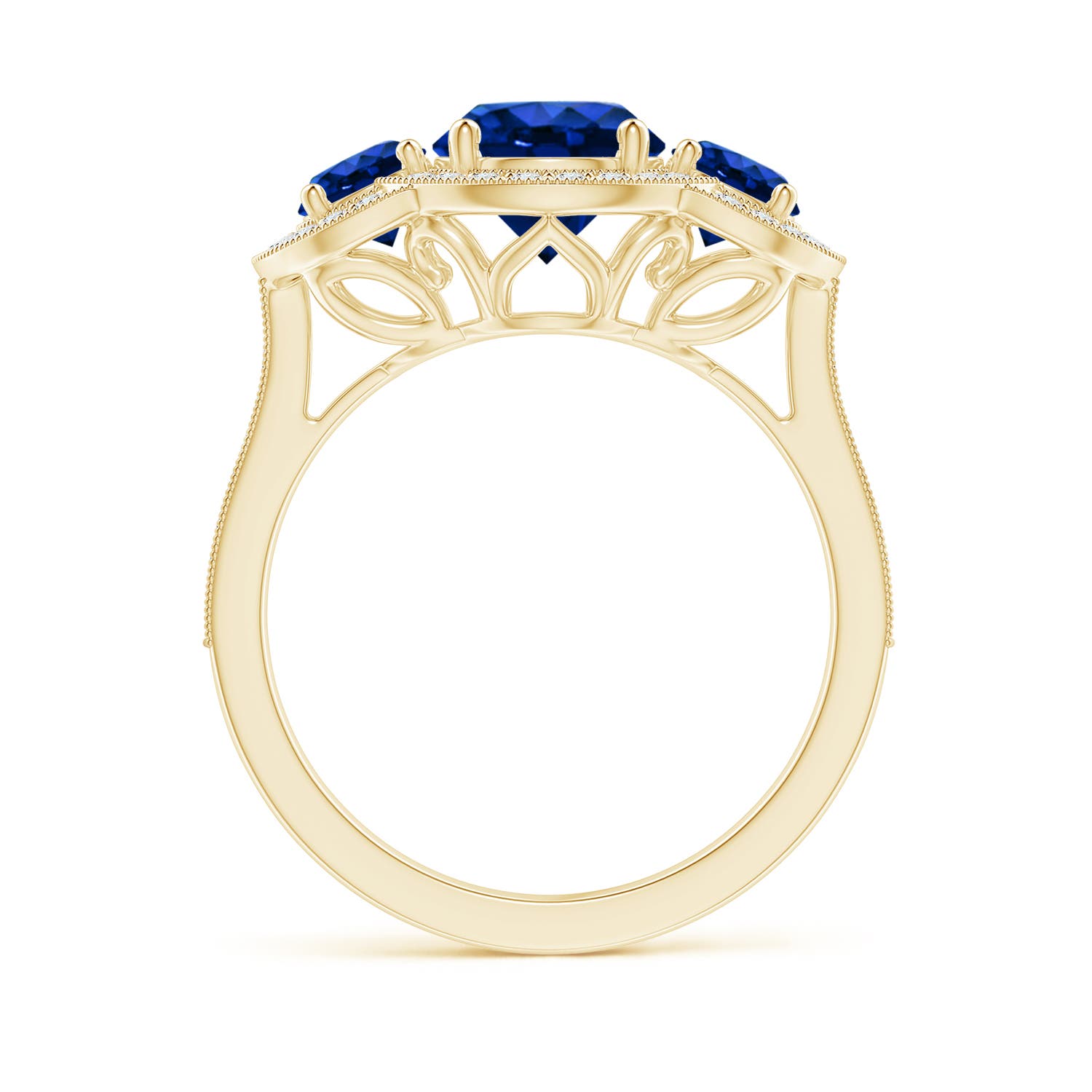 7mm AAAA Aeon Vintage Inspired Blue Sapphire Halo Three Stone Engagement Ring with Milgrain in 18K Yellow Gold
