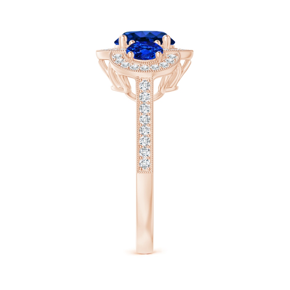 7mm Lab-Grown Aeon Vintage Inspired Blue Sapphire Halo Three Stone Engagement Ring with Milgrain in Rose Gold side 299