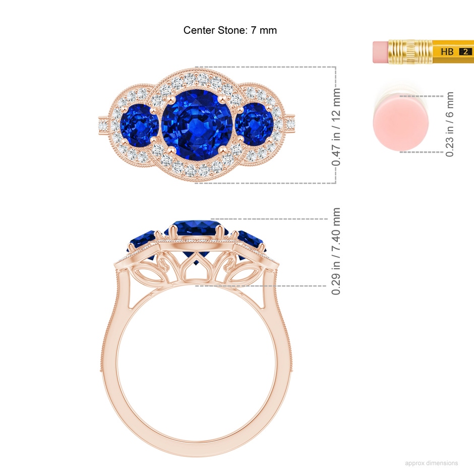 7mm Lab-Grown Aeon Vintage Inspired Blue Sapphire Halo Three Stone Engagement Ring with Milgrain in Rose Gold ruler
