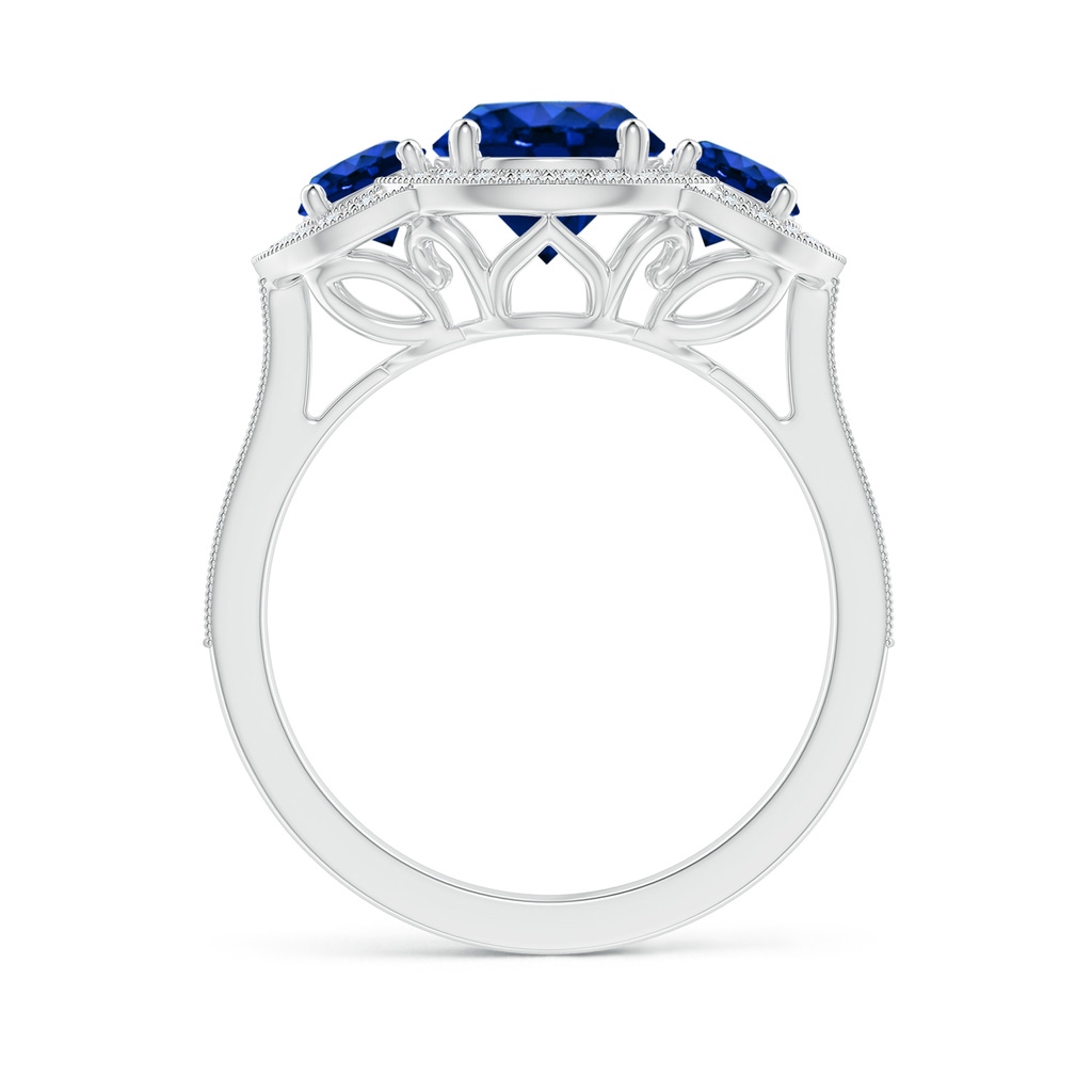 7mm Lab-Grown Aeon Vintage Inspired Blue Sapphire Halo Three Stone Engagement Ring with Milgrain in White Gold - side 199