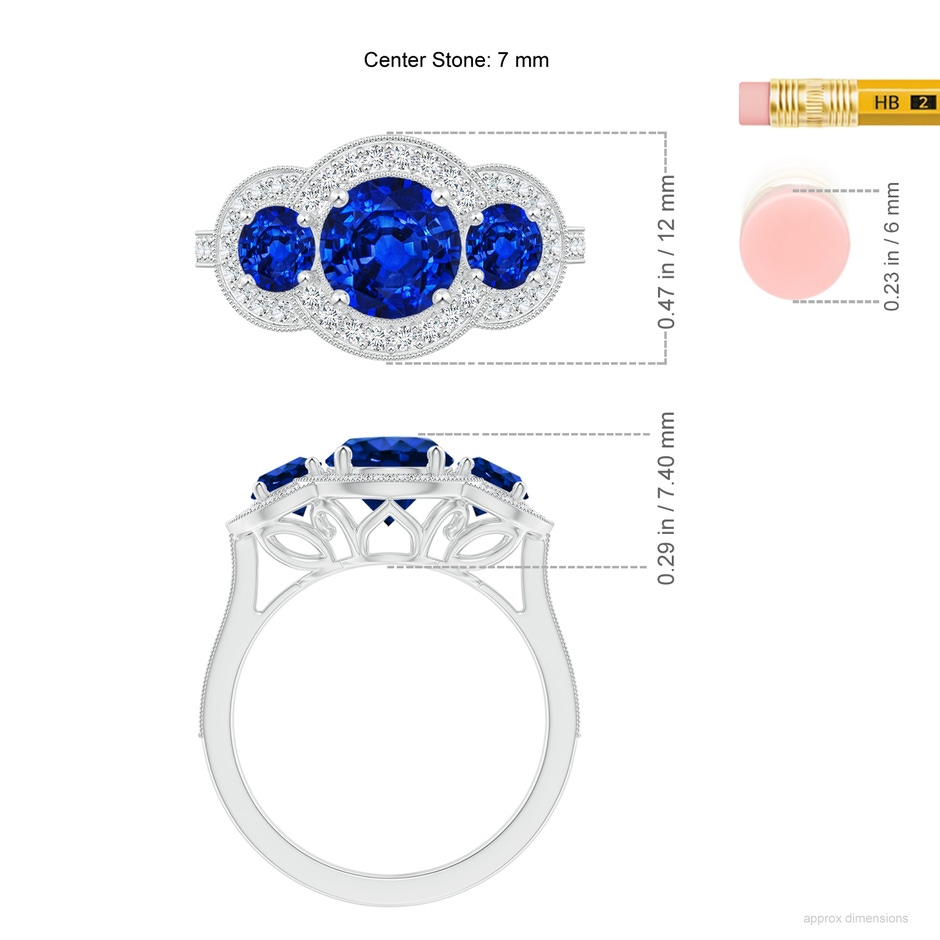 7mm AAAA Aeon Vintage Inspired Blue Sapphire Halo Three Stone Engagement Ring with Milgrain in White Gold ruler