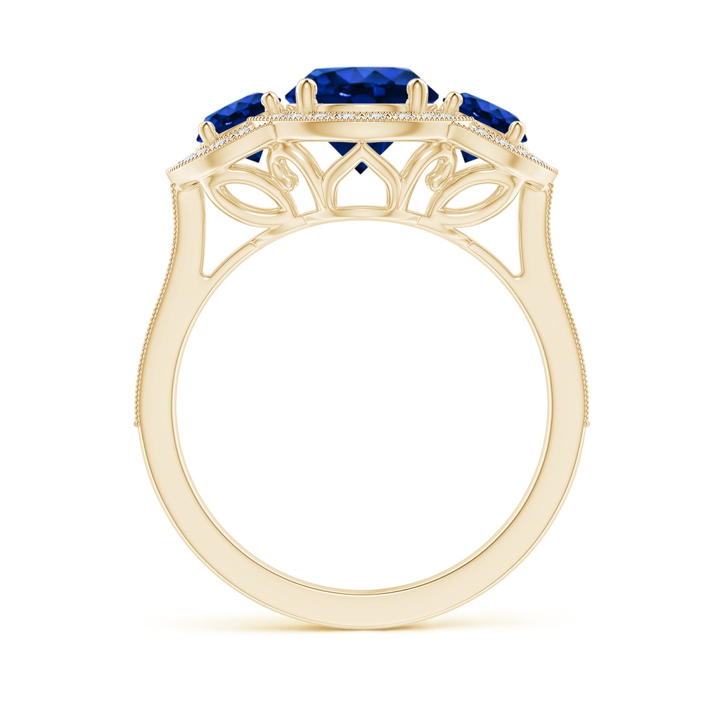 7mm Lab-Grown Aeon Vintage Inspired Blue Sapphire Halo Three Stone Engagement Ring with Milgrain in Yellow Gold - side 199