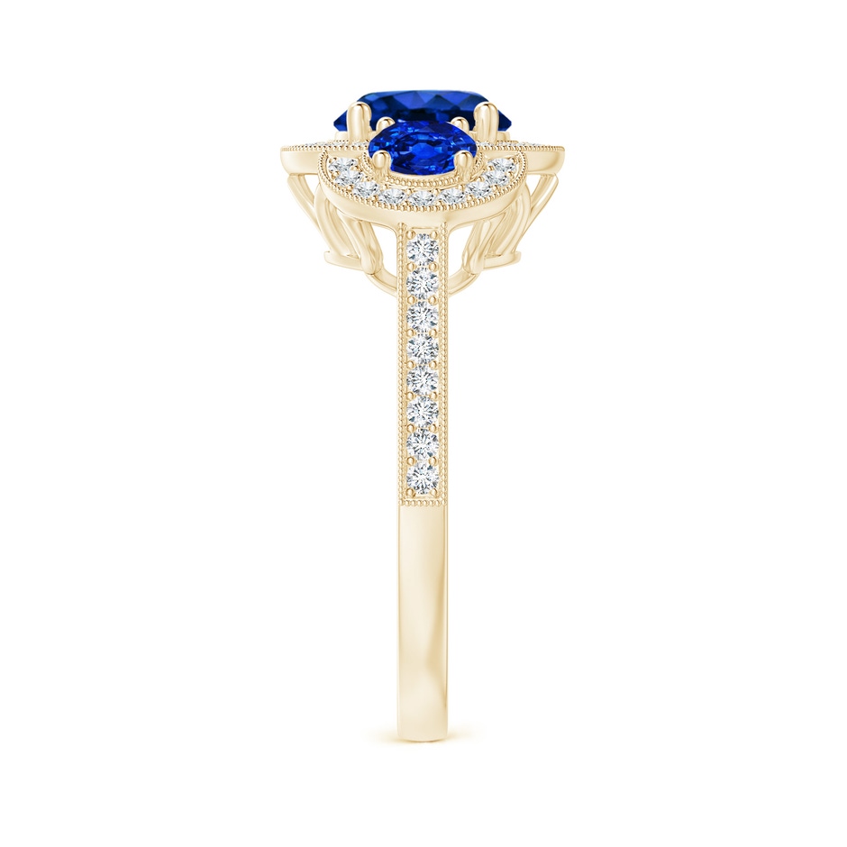 7mm Lab-Grown Aeon Vintage Inspired Blue Sapphire Halo Three Stone Engagement Ring with Milgrain in Yellow Gold side 299