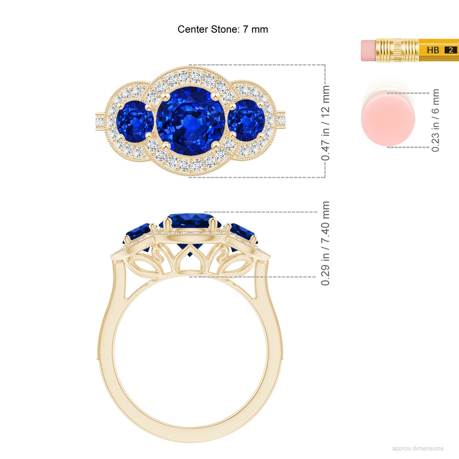 7mm Lab-Grown Aeon Vintage Inspired Blue Sapphire Halo Three Stone Engagement Ring with Milgrain in Yellow Gold ruler
