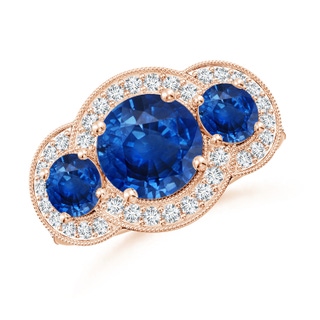 8mm AAA Aeon Vintage Inspired Blue Sapphire Halo Three Stone Engagement Ring with Milgrain in Rose Gold