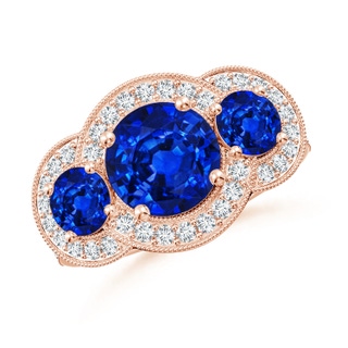 8mm Lab-Grown Aeon Vintage Inspired Blue Sapphire Halo Three Stone Engagement Ring with Milgrain in 18K Rose Gold