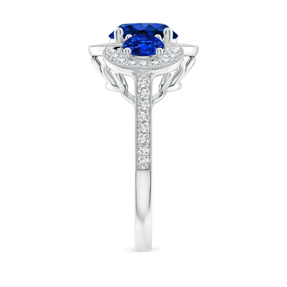 8mm Lab-Grown Aeon Vintage Inspired Blue Sapphire Halo Three Stone Engagement Ring with Milgrain in 18K White Gold side 299