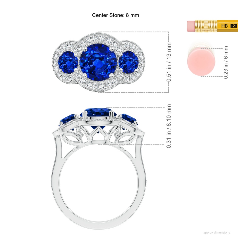 8mm Lab-Grown Aeon Vintage Inspired Blue Sapphire Halo Three Stone Engagement Ring with Milgrain in 18K White Gold ruler