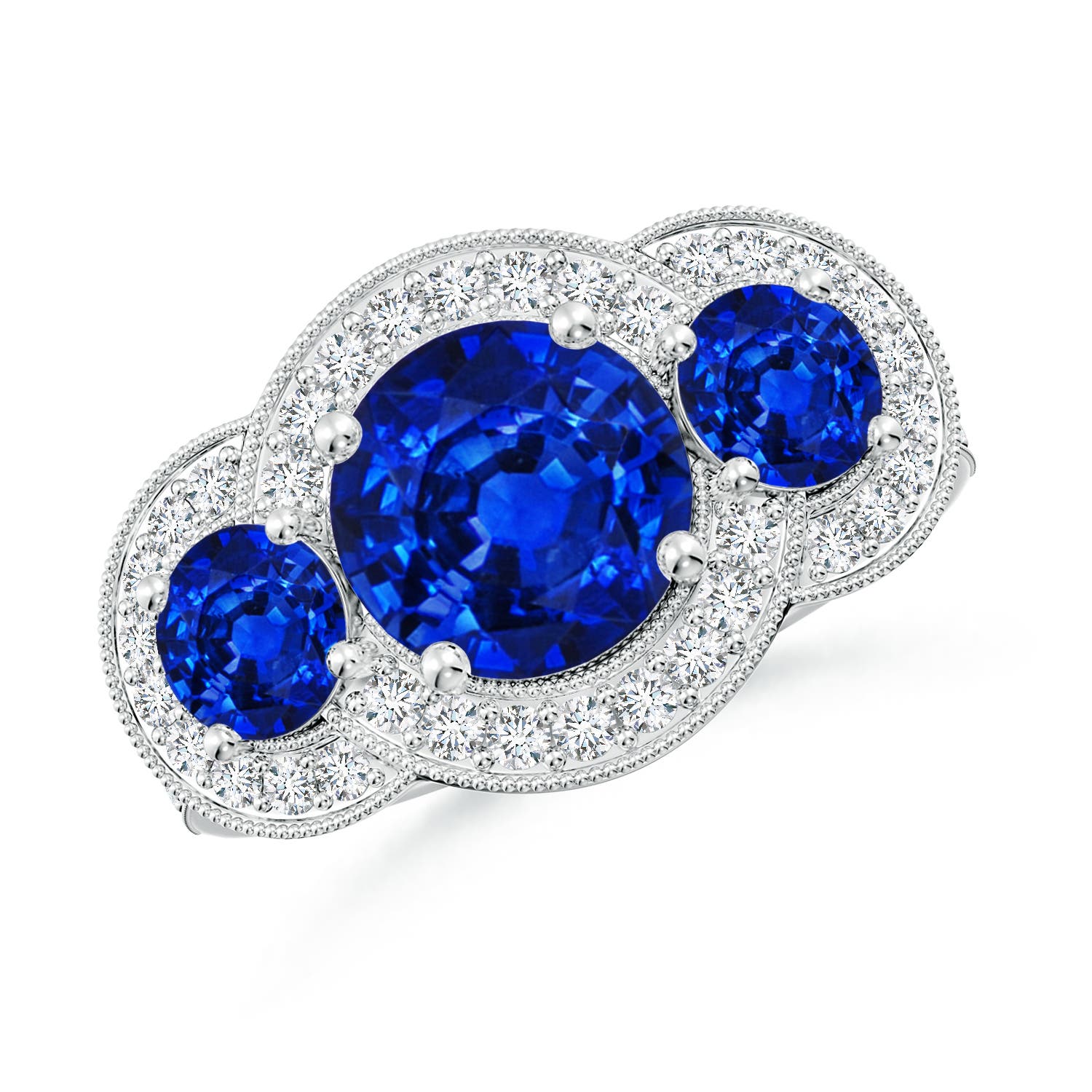 8mm AAAA Aeon Vintage Inspired Blue Sapphire Halo Three Stone Engagement Ring with Milgrain in White Gold