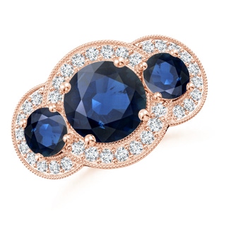 9mm AA Aeon Vintage Inspired Blue Sapphire Halo Three Stone Engagement Ring with Milgrain in 18K Rose Gold