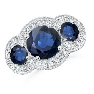 9mm AA Aeon Vintage Inspired Blue Sapphire Halo Three Stone Engagement Ring with Milgrain in P950 Platinum