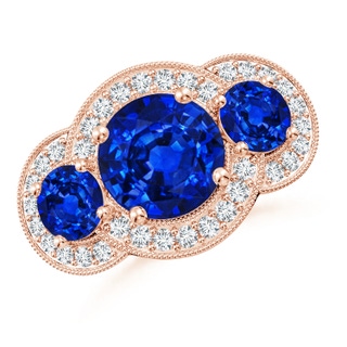 9mm AAAA Aeon Vintage Inspired Blue Sapphire Halo Three Stone Engagement Ring with Milgrain in 18K Rose Gold