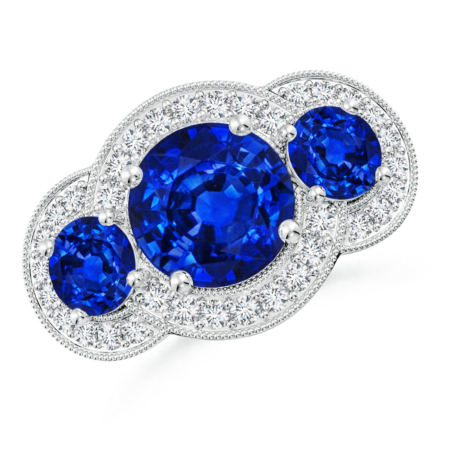 9mm AAAA Aeon Vintage Inspired Blue Sapphire Halo Three Stone Engagement Ring with Milgrain in 18K White Gold