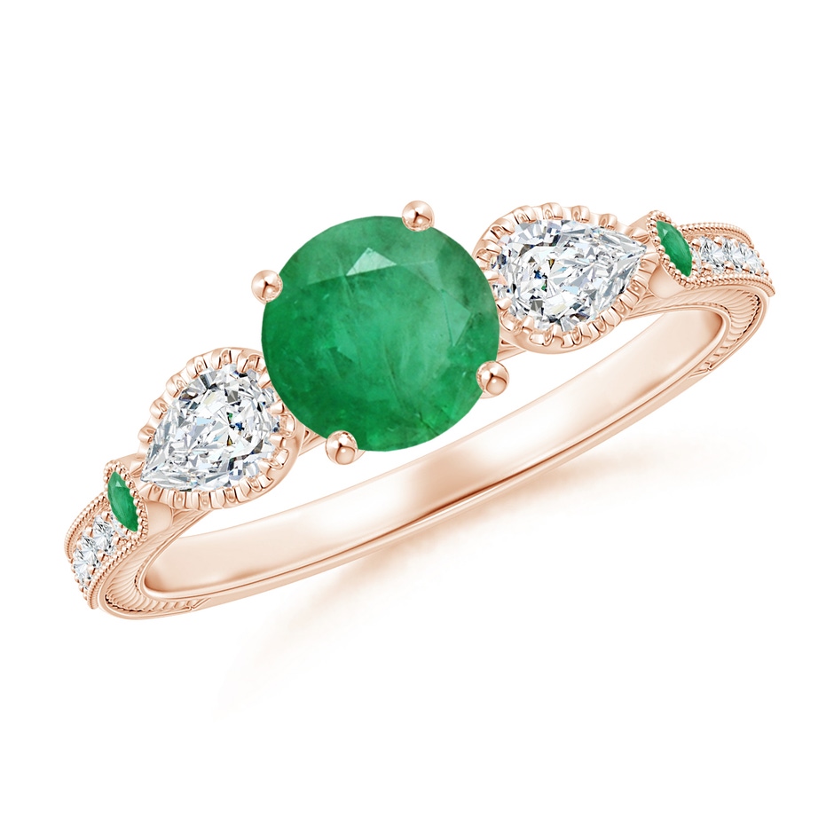6mm A Aeon Vintage Style Emerald and Diamond Three Stone Engagement Ring with Milgrain in Rose Gold 