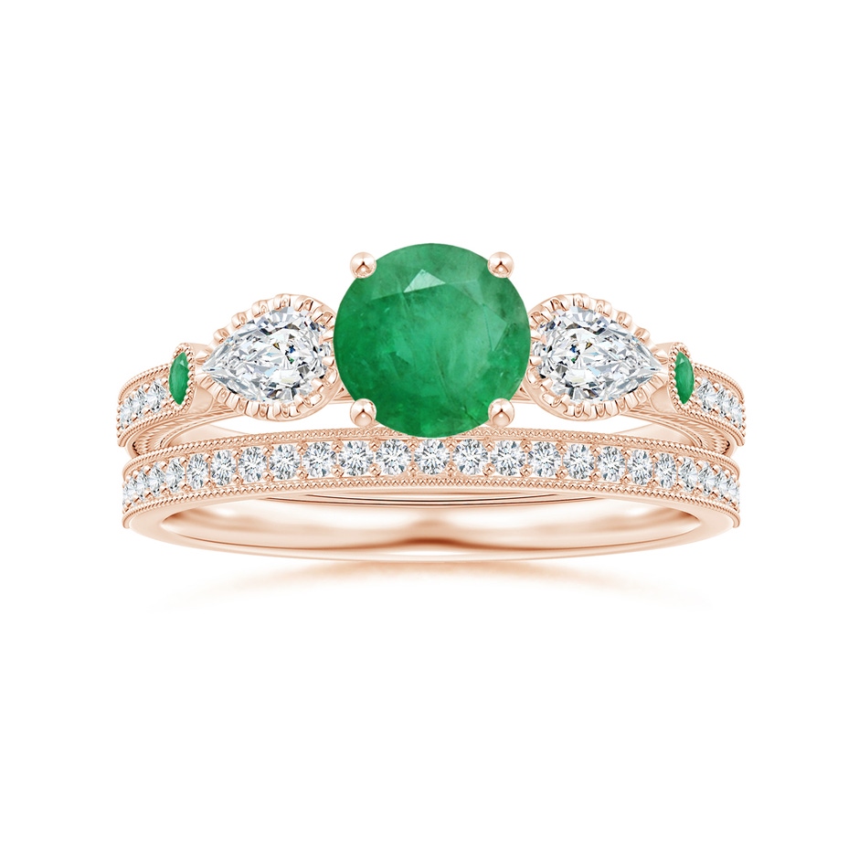 6mm A Aeon Vintage Style Emerald and Diamond Three Stone Engagement Ring with Milgrain in Rose Gold side-3