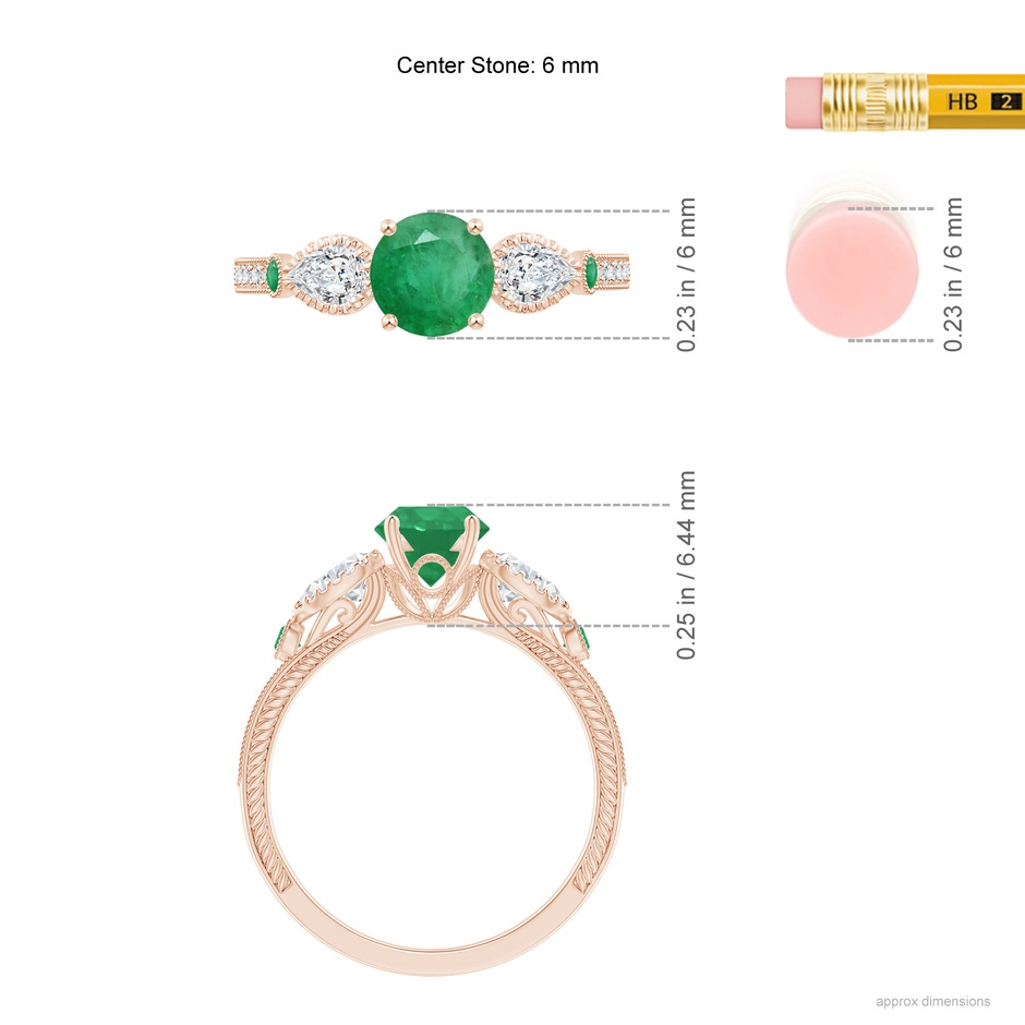 6mm A Aeon Vintage Style Emerald and Diamond Three Stone Engagement Ring with Milgrain in Rose Gold ruler