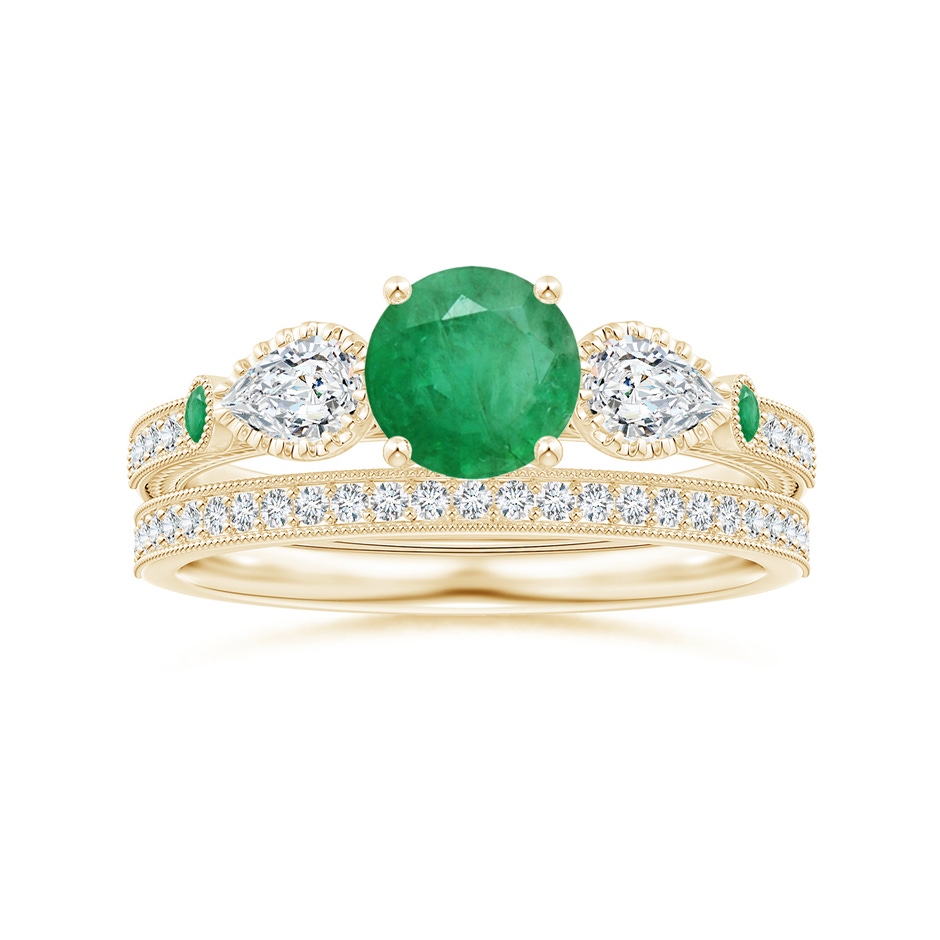 6mm A Aeon Vintage Style Emerald and Diamond Three Stone Engagement Ring with Milgrain in Yellow Gold side-3