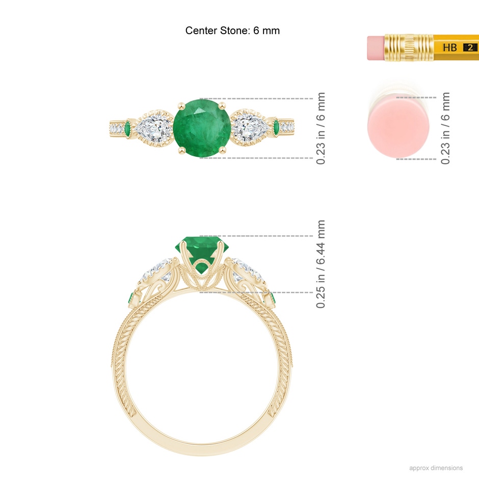 6mm A Aeon Vintage Style Emerald and Diamond Three Stone Engagement Ring with Milgrain in Yellow Gold ruler