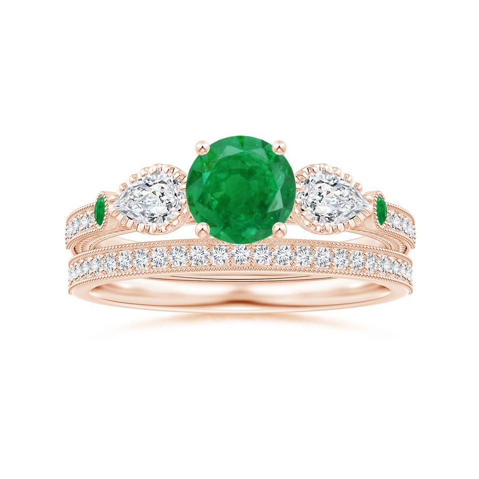 6mm AA Aeon Vintage Style Emerald and Diamond Three Stone Engagement Ring with Milgrain in Rose Gold side-3